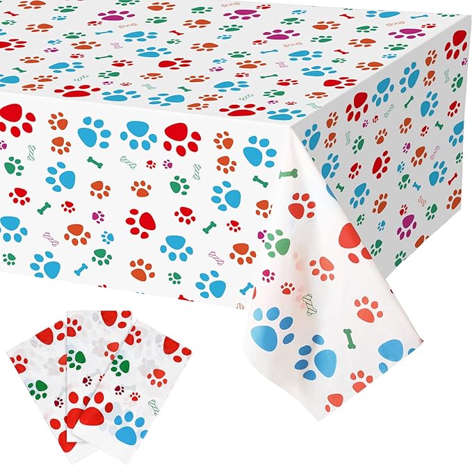 Tegeme 3 Pcs Puppy Paw Print Tablecloth 54 x 108 Inch Plastic Disposable Dog Paw Print Table Cover Colorful Dog Cat Decorations for Pet Party Birthday Baby Shower Supplies