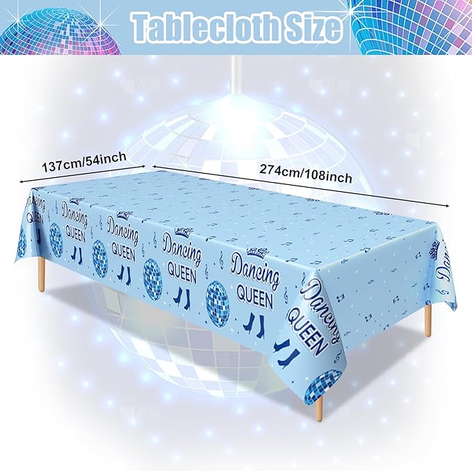 3pcs Dancing Queen Plastic Tablecloth, 54 x 108 Inch Mamma Mia Party Table Cover, 70s Disco Ball Tablecloth for Mamma Mia Bachelorette Party, 17th Blue Birthday Party Decorations