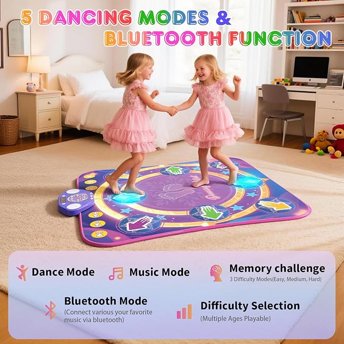 Dance Mat Toys for 3-12 Year Old Girls & Boys, Dance Mats with Light Up 8-Buttons & Wireless Bluetooth, Music Dance Toy with 5 Modes Game, Birthday Xmas Gifts for 3 4 5 6 7 8 9 10+ Year Old Girls Boys