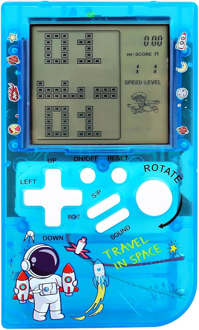 Kids Brick Game Console Small Portable Transparent Body Built-in 23 Retro Blocks Games Adjustable Difficulty/Speed Powered by 2 AAA Batteries Kids/Students Birthday Toys (Blue)
