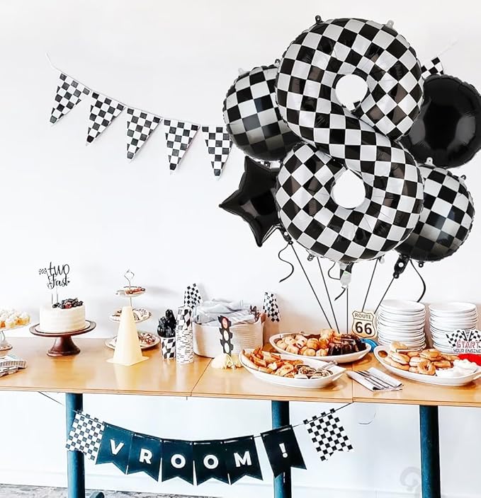 40 Inch Checkered Number Balloon 8 Black and White Race Car Birthday Balloons Baby Hippie Smile Party Shower Boys 8th Birthday Race Car Theme Party Decor Supplies 5 Pcs