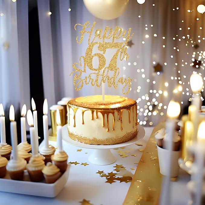 Happy 67th Birthday Cake Topper, 67th Birthday Decorations for Men/Women, Cheers to 67 Years, Hello 67, 67th Happy Birthday Party Supplies Gold Glitter