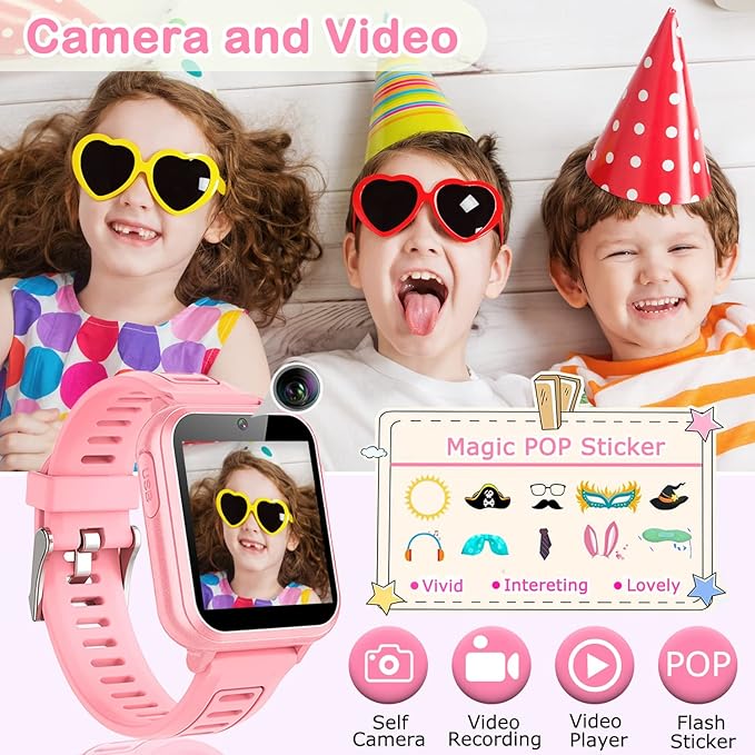 Cosjoype Kids Game Smart Watch Gift for Girls Age 6-12, 39 Puzzle Games HD Touch Screen Kids Watches with Video Camera Music Player Pedometer Flashlight 12/24hr Toys for 7 8 9 10 11 12 Year Old Girls