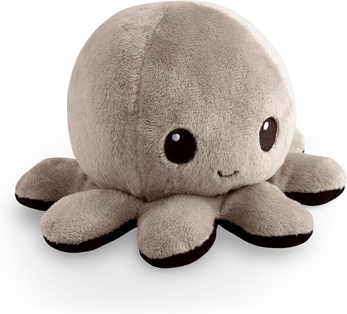 TeeTurtle Reversible Octopus Plushie 4-Inch Black + Gray Two-Sided Flip Plush Toy with Embroidered Details - Cute Mini Collectible Plush for Kids, Teens, and Adults