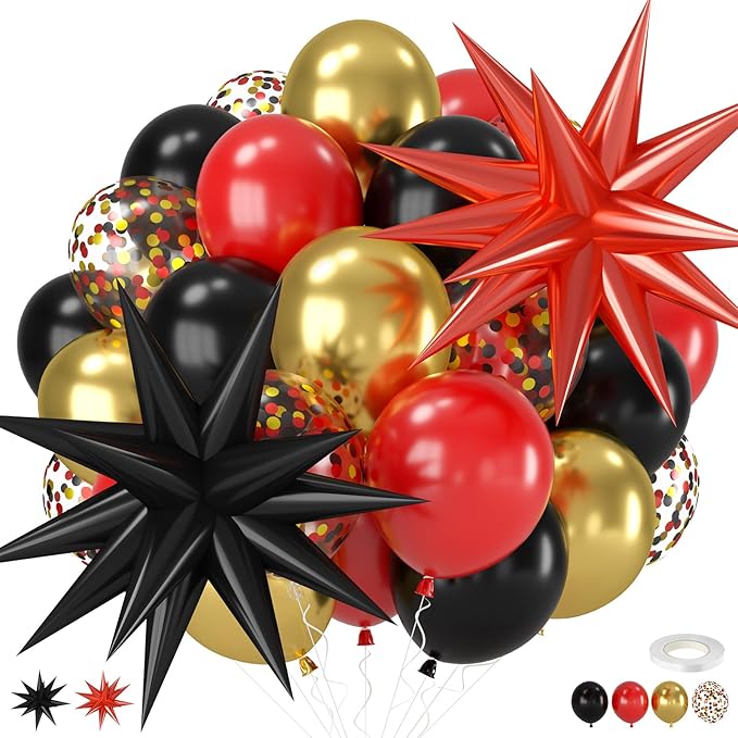 Red Black and Gold Balloons, 12 Inch Red Metallic Gold Black Confetti Balloons with Star Foil Balloon for New Years Party Casino Night Movie Night Birthday Baby Shower Decorations