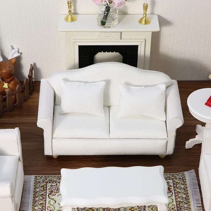 Dollhouse Couch Miniature Furniture Sofa with Pillows for Living Room Desktop Decoration Fabric Sofa Mini Home Scene Accessories Ornament (Double Sofa, White)