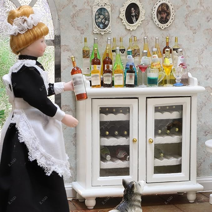 iLAND Dollhouse Furniture Mini Wine Cabinet Dollhouse Kitchen 1 12 Scale Furniture for Miniature Wine Bottles Wooden Doll House Shelf Mini House Décor Realistic Classic