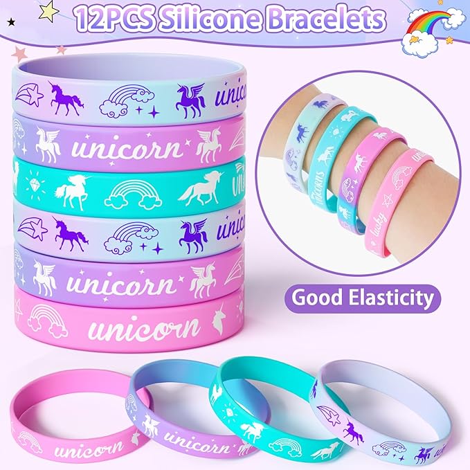 12 Sets Unicorn Party Favors Birthday Supplies for Girls Kid, Drawstring Bag Silicone Bracelet Tattoo Sticker Keychain Goodie Bag Stuffer Filler Unicorn Birthday Decorations Girls Party Favors