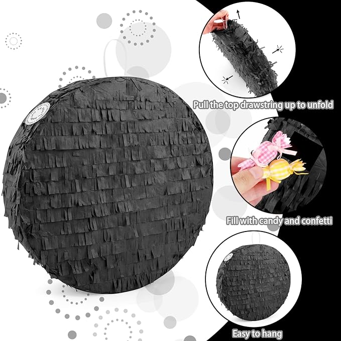 Black Round Pinata with Stick Blindfold and Confetti DIY Blank Pinata for Adults Kids Birthday Party Supplies Christmas Carnivals Decorations