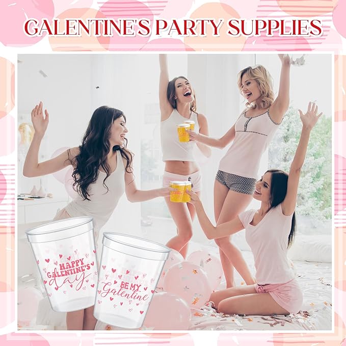 24 Pcs Galentine Day Gift Cups 16 oz Reusable Thick Be My Valentine Party Plastic Drinking Cup Clear Pink and Red Happy Girlfriend Party Decorations Friendship Gift Supplies