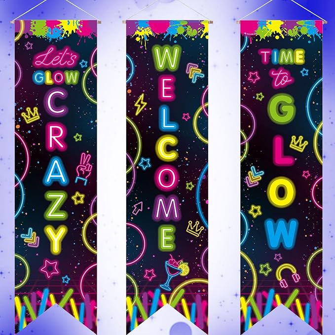 3 Pcs Neon Banner Party Decorations Let's Glow Banner Glow in the Dark Porch Sign Welcome Birthday Porch Sign for Neon Birthday Party Supplies Club Halloween Classroom Decorations