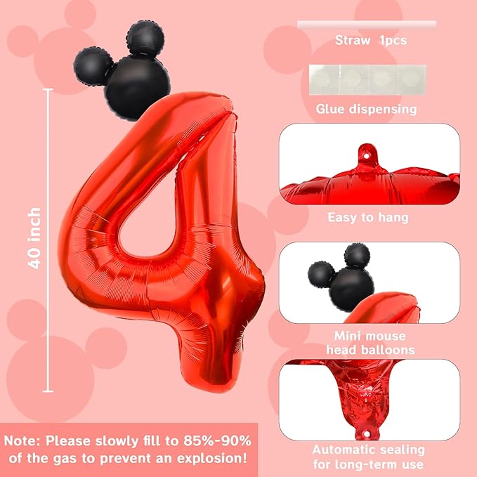 Mouse Number 4 Balloon 40 Inch Red Number 4 Balloon Mini Mouse Head Balloon for 4th Birthday Party, Black Red Large Number 4 Foil Balloon for Baby Shower Anniversary Supplies Decorations