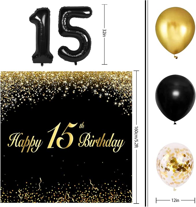Happy 15th Birthday Balloons Black Set Decor - Cheers to 15 Years Old Party Theme Garland Banner Backdrop Decorations For Boy and Girl Supplies