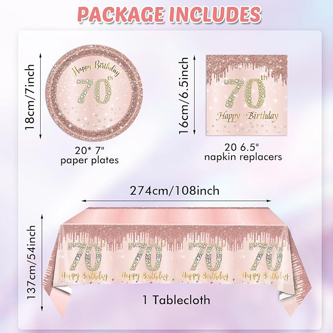 41PCS 70th Birthday Decorations for Women Rose Gold Happy 70 Birthday Party Decor Including 70th Birthday Plates Napkins Tablecloth Set For Girl Ladies Women 1956 Party Supplies