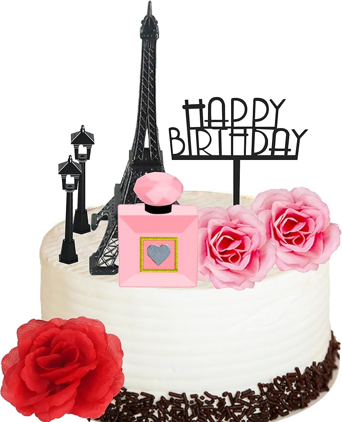 MEMOVAN 8pcs Paris Cake Topper Eiffel Tower Statue Cake Topper 7 Inch Pairs Eiffel Tower Perfume Bottle Birthday Topper Street Lamp Rose Cake Decoration for Girl Women Spa Paris French Theme Party