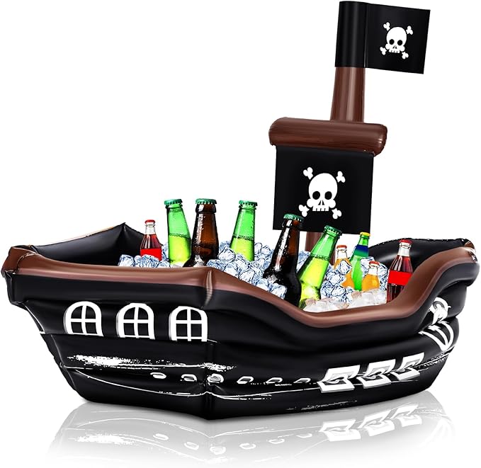 Zhanmai Inflatable Pirate Ship Drink Cooler Inflatable Serving Bar Food Container for Summer Carniva Mardi Gras Pirate Birthday Party Favor Supplies Decorations(Classic Colors,Skull Flag)