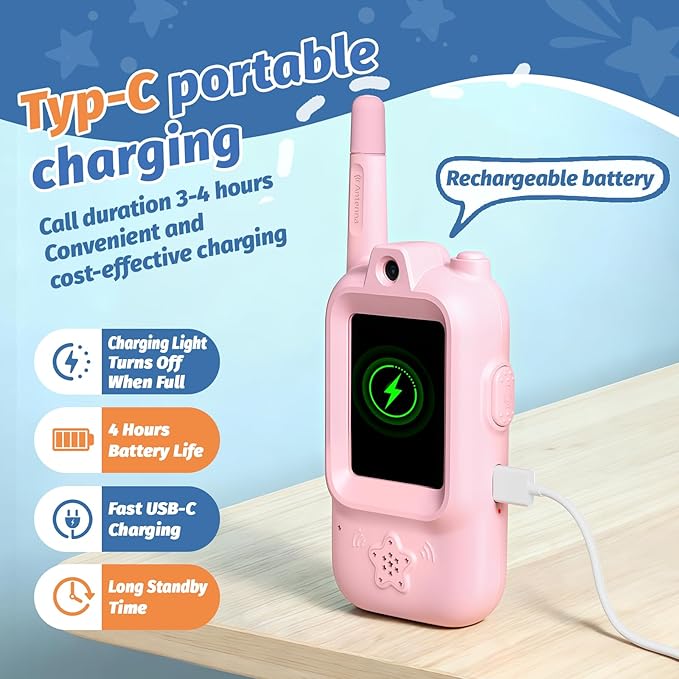 Walkie Talkies for Kids with Real-Time Video Chat, 2 Pack Rechargeable Two-Way Radios, Long Range & Voice Changer, Indoor Outdoor Adventure Toys for Boys Girls Age 3-12 (Cloud Blue & Sakura Pink)