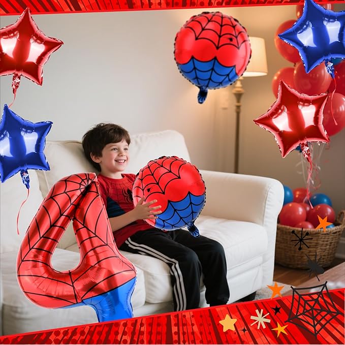 40 Inch Spider Theme Number Balloon, Number Block Foil Number 4 Balloons Large Big Numbers Helium Balloon for Girls Boys 4th Birthday Theme Party Decorations (Number 4)