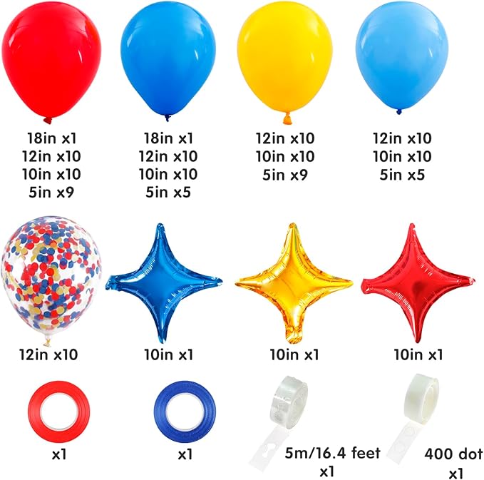 RUBFAC Carnival Circus Balloon Garland Arch Kit, 120pcs Red Blue Yellow Primary Color Balloons Rainbow Multicolor Confetti and Star Foil Balloons for Birthday Party Carnival Theme Decorations