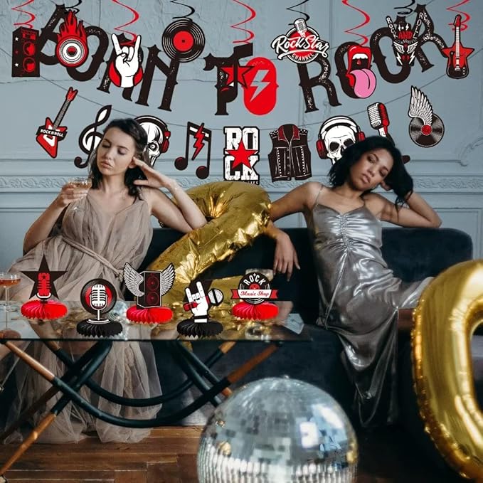 LARRAZABAL Rock and Roll Party Decorations Include Born to Rock Glitter Banner, Rock and Roll Hanging Swirls and Honeycomb Centerpieces for Birthday Baby Shower Party Supplies