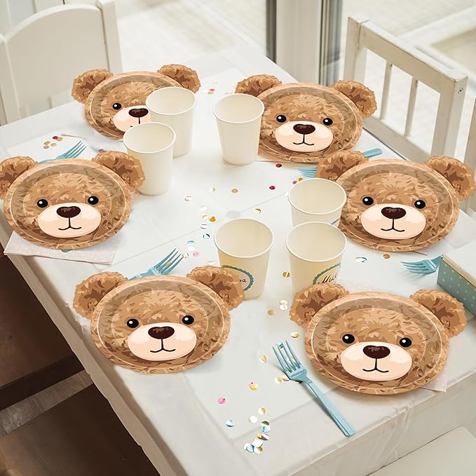 48PCS Bear Shaped Paper Plates Brown Bear Party Supplies We Can Bearly Wait Baby Shower Tableware Brown Theme Dessert Plates for Boys Girls Birthday Baby Shower Gender Reveal Party Decoration