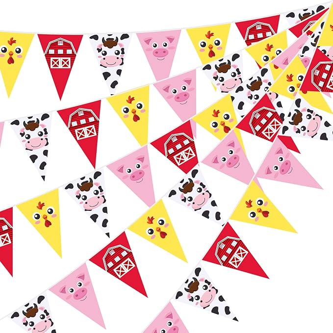 HESTYA 5 Pack 49 Ft Farm Animals Birthday Banner Pre-Strung Red Gingham Barnyard Decorations Cartoon Pig Cow Chick Triangle Flags Bunting Garland for Baby Shower Farmhouse Birthday Party Supplies