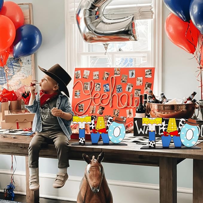 Cowboy Letter Two Sign Table Centerpieces for Toy Theme,2nd Birthday Decorations for Boys,Cartoon Theme Two Year Old Birthday Supplies Favors,Toy Party Decorations Photo Booth Props(2 Set)