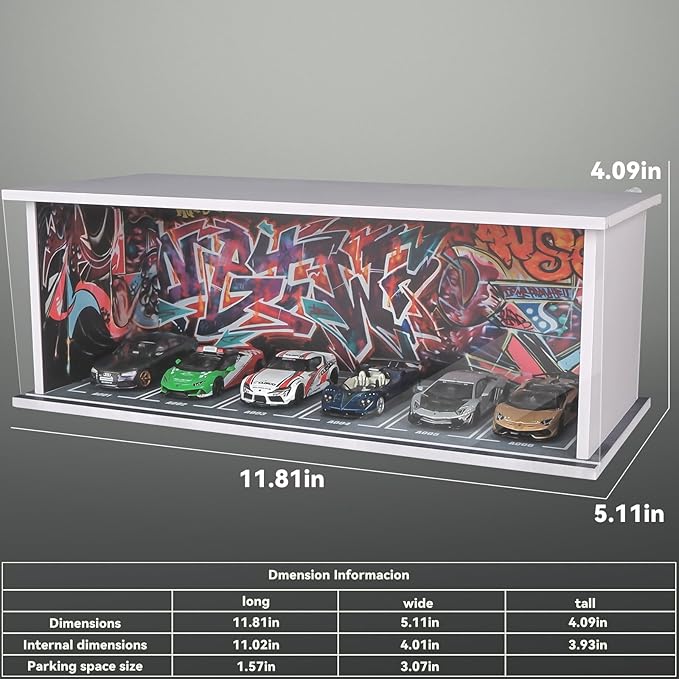 1:64 Car Model Display Case with Lights for Hot Wheels,Matchbox Cars,Diecast Alloy Small Truck Collectibles Storage Box-Graffiti Scenes Parking lot