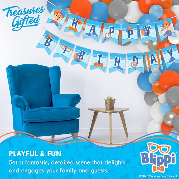 Treasures Gifted Officially Licensed Blippi Birthday Party Supplies - Set of 3 Pre-Strung Birthday Banners - 1 Banner & 2 Triangle Pennants - Blippi Party Decorations