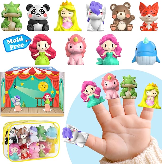 Oriate Fairy Tale Finger Puppets Toddler Toys, Story Time Puppets with Pretend Play Stage, Toddler Bath Toys with Storage Bag, Bathtub Party Favors Easter Egg Basket Stuffers 12m 10Pcs
