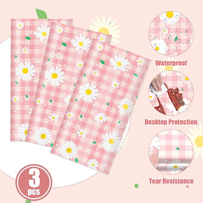 3pcs Daisy Plastic Tablecloth, 54x108 inch Spring Daisy Theme Table Cover, Pink Plaid Flower Tablecloth for Spring Floral Party, Baby Shower, Daisy Birthday Party Decorations