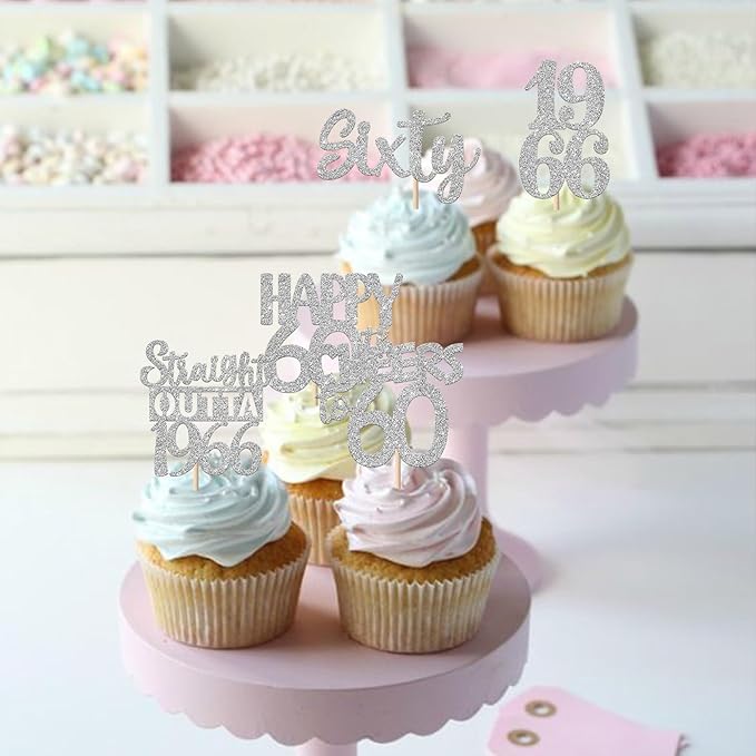 30PCS 60th Birthday Cupcake Toppers Glitter Sixty Happy 60 Straight Outta 1966 Cupcake Picks for Cheers to 60 Years 60th Birthday Wedding Anniversary Party Decoration Supplies Silver