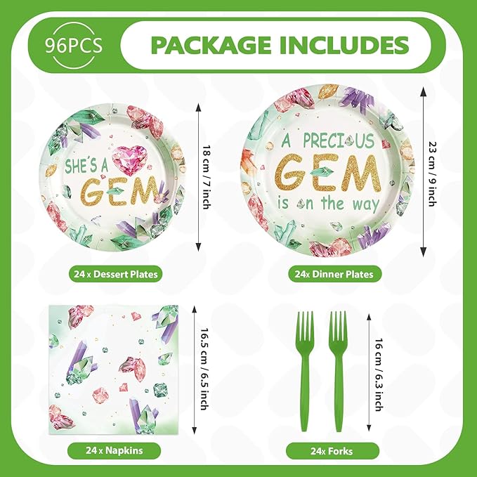 96Pcs Gem Stone Baby Shower Party Supplies She is a Gem Plates and Napkins Green Crystal Jewel Tableware Sets Glitter Jewel Geology Themed Decor for Baby Shower Newborn Girl Birthday Party Serve 24