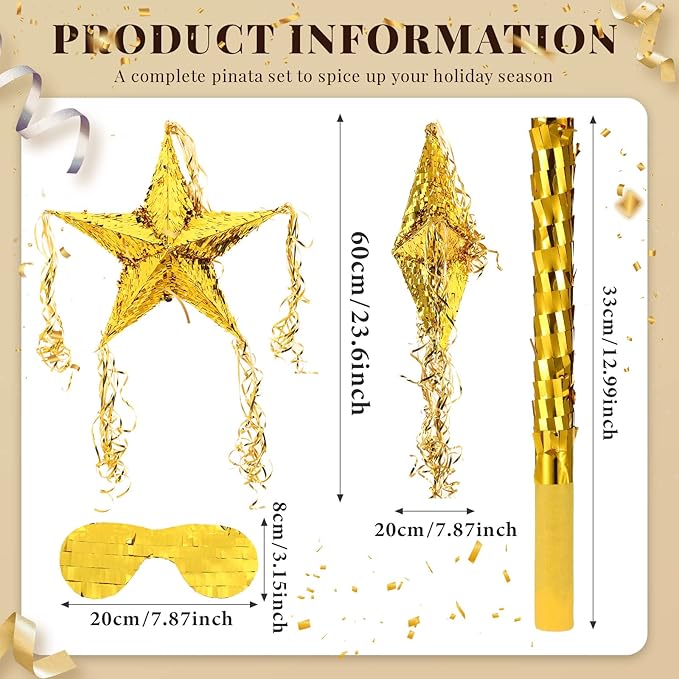 Foil Star Piñata with Blindfold and Bat for Birthday Foldable Star Shape Piñata with Stick Festive Fiesta Party Supplies Favors for Mexican Party (Gold)