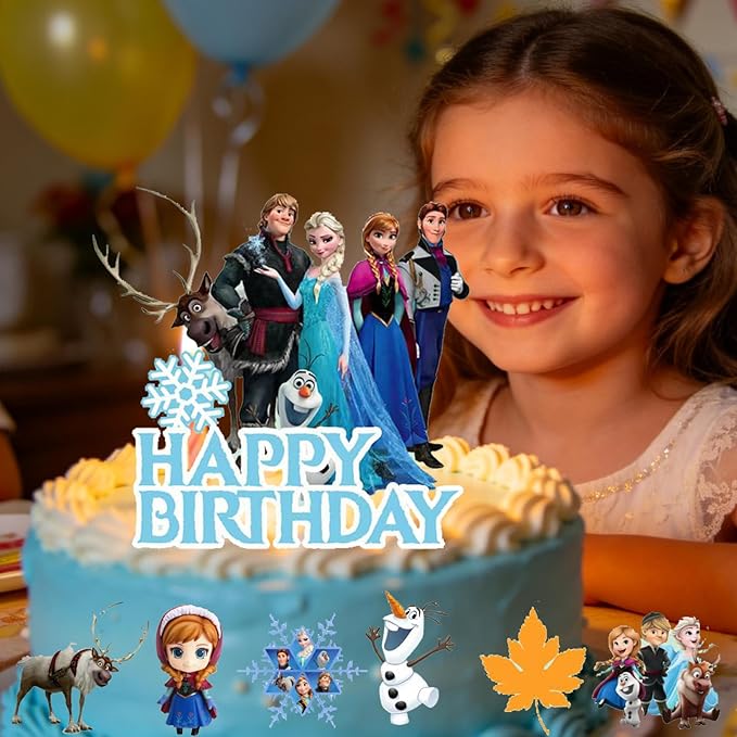 7Pcs Cute Blue Princess Birthday Cake Decorations，1 Large, 6 Small Snow Theme happy Birthday Cake Toppers，For Ice Birthday Party Supplies (B)