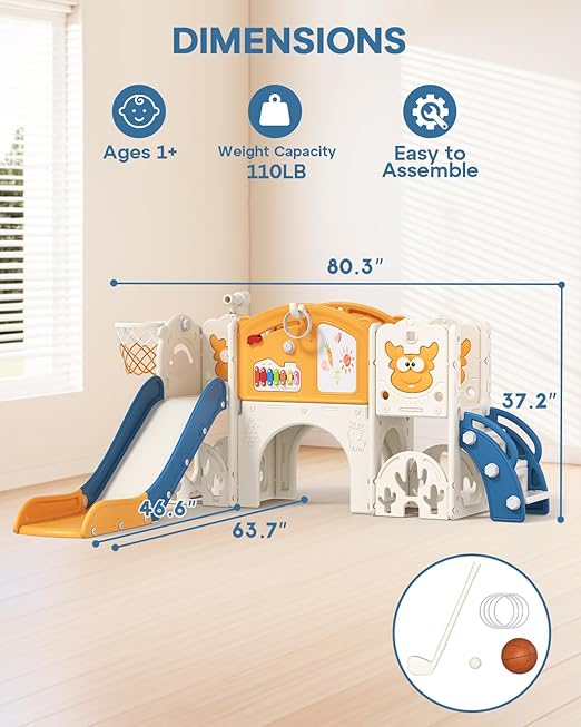 BIERUM Toddler Slide Set with Basketball Hoop, Golf Game & Drawing Board, 13-in-1 Indoor Outdoor Toddler Slides Playground for Kids Ages 1+, Kids Climber Playset for Backyard (Blue&Yellow)