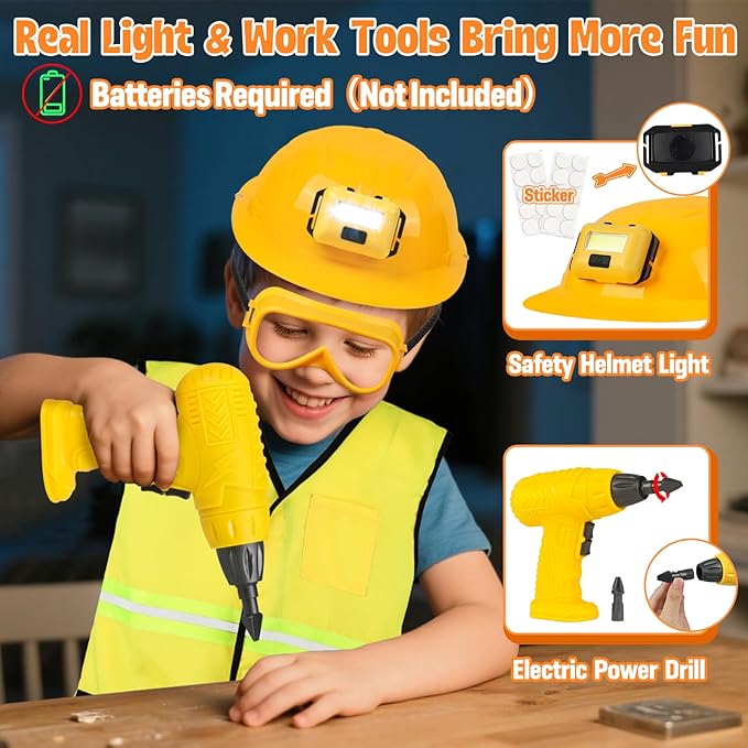 Construction Worker Costume for Kids, Toddler Dress Up Clothes with Kids Tool Set, Construction Vest & Hat, Helmet Light, Electric Drill, Toddler Costumes Pretend Play Toys for Boys Gift Age 4+
