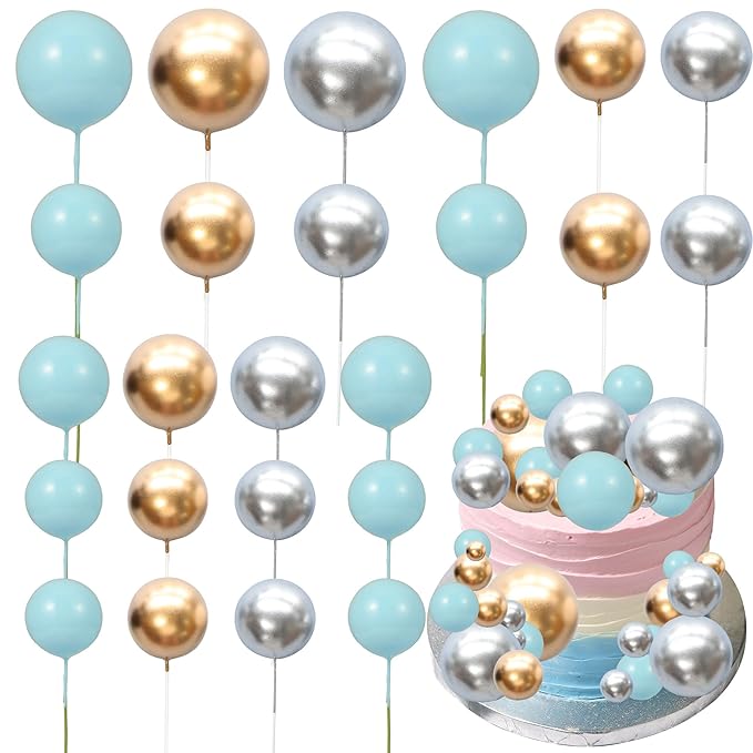 Gyufise 30Pcs Mini Balloon Cake Topper Foam Ball Cake Picks Decorations Faux Pearl Balls DIY Cake Topper Decoration for Baby Shower Wedding Anniversary Birthday Party Supplies Gold Silver Blue