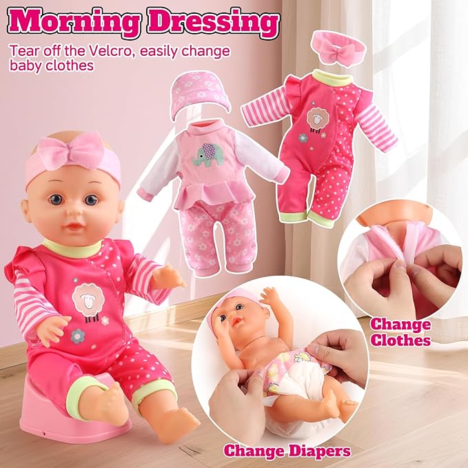 Baby Doll Stroller Set for Toddler Girls 3-5, A 12.5" Babydoll with Baby Doll Accessories, Pillow, Blanket & 2 Sets Clothes, Doll Playset Toy Stroller for Kids, Gift 3 4 5 Year Old Girl Toys