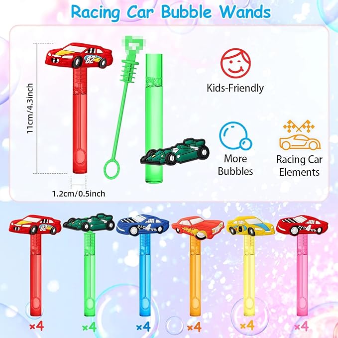 AMFZON 24Pcs Race Car Party Favors Bubble Wands for Kids, Racecar Wheels Mini Bubbles Wand Toys, Two Fast Birthday Party Supplies Goodie Gift Bag Stuffers Pinata Classroom Prizes