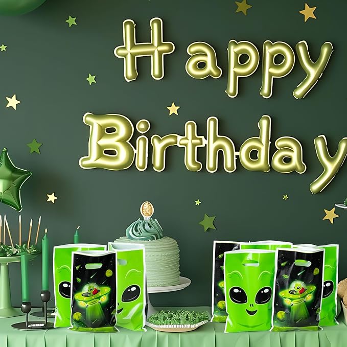 Green Alien Party Favor Bags 50Pcs Fun Alien Goody Candy Treat Gifts Bags, Space Themed Party Decorations for Kids Boys Girls Birthday Space Theme Events Supplies