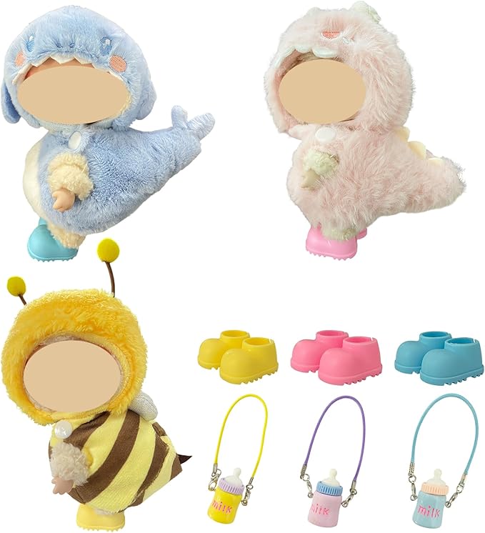 3PCS Animal Costume Outfits for 17cm Dolls, Include Blue Shark, Pink Dinosaur and Yellow Bee Clothes with Shoes and Mini Bags, Cute Dress Up Accessories for Plush, (No Dolls)