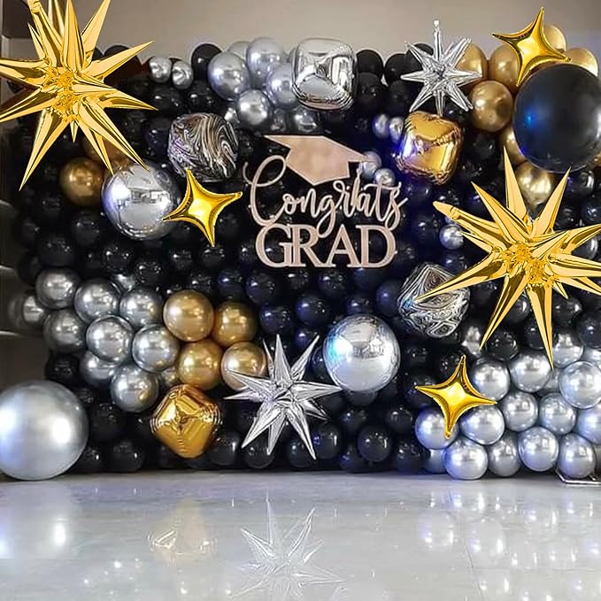 Gold Star Foil Balloons Kit - 6 Pack 12 Point Starburst Cone and Spike Balloons With 10Pcs Four Pointed Stars for Wedding, Baby Shower, Photo Booth, Birthday Party Supplies