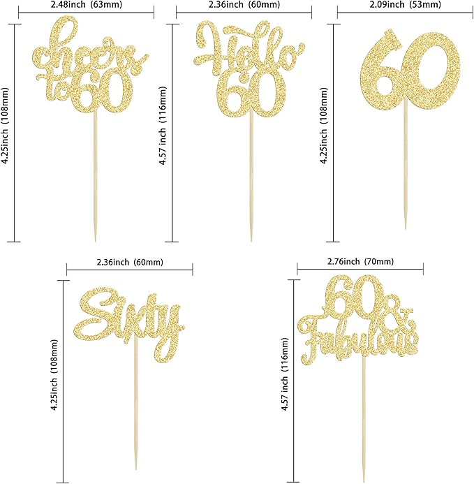 30Pcs Happy 60th Birthday Cupcake Toppers Gold Glitter Sixty Cake Toppers Cheers to 60 Years Old Birthday Cupcake Picks for 60th Birthday Anniversary Party Cake Decorations Supplies
