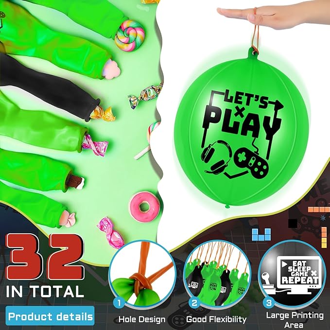 32 Pcs Video Game Punch Balloons Pixelated Punch Ball Pixel Video Game Balloons Latex Balls Toys for Birthday Party Favors Supplies, Goodie Bag Filler(Green, Black)