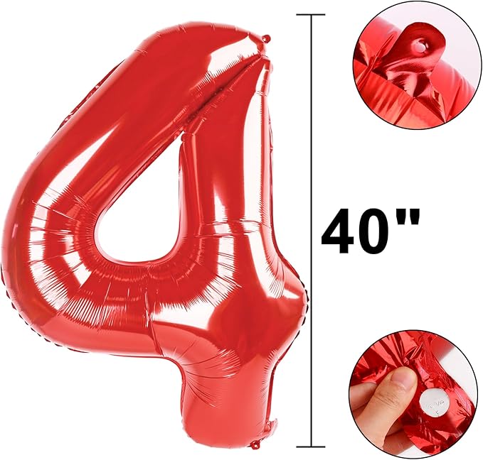 40 Inch Big Red 4, Balloon Number Large Foil Helium Number Balloons 0-9 Jumbo Giant Happy 4th Birthday Party Decorations for Boy or Girl Huge Mylar Anniversary Party Supplies