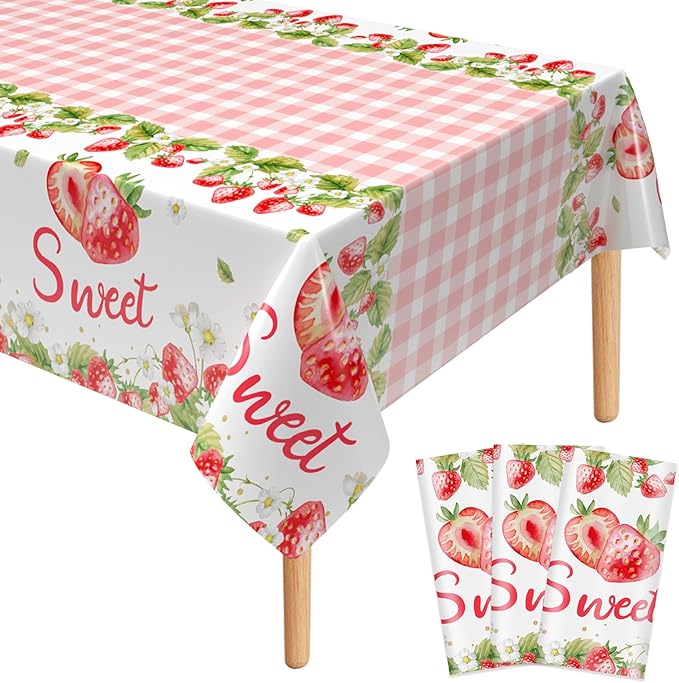 3Pcs Strawberry Tablecloth, 54 x 108 Inch Pink Checkered Plastic Tablecloth, Berry Sweet One Table Covers for Baby Shower, Strawberry Birthday Party, Berry First Birthday Decorations