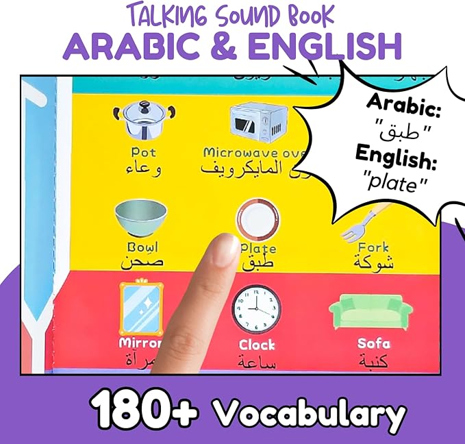 ZEENKIND English Arabic Learning Talking Books for Kids 2 3 4 5 6 Years Old, 180 Words Learn Arabic Interactive Audio Sound Book for Kid Toddler, Educational Electronic Bilingual Toys with Music
