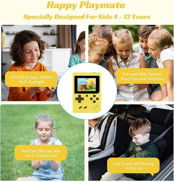 Retro Handheld Games Console, Built-in 400 Video Games,Mini Portable Video Gaming Player with 3.0 Inch IPS Screen, Rechargeable Battery (Yellow)