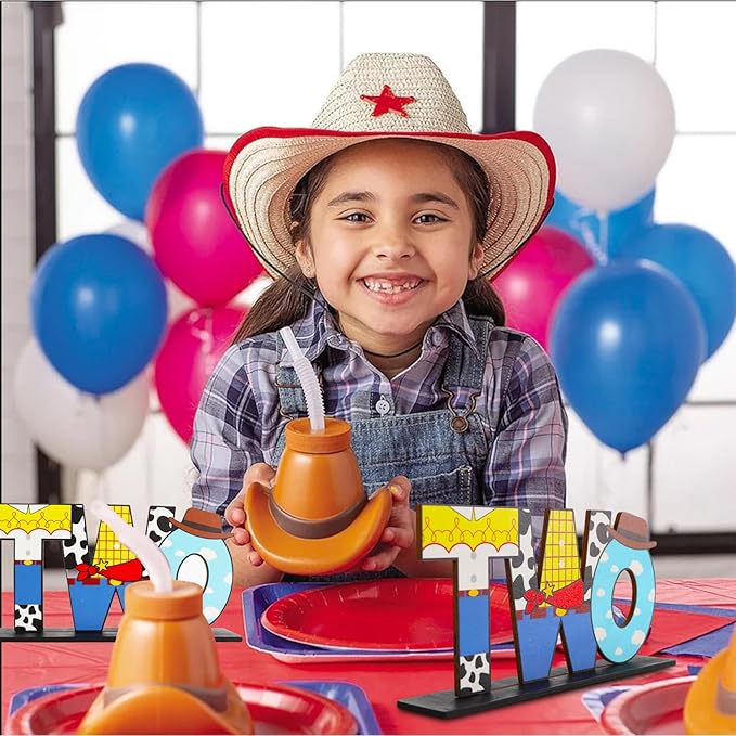 Cowboy Letter Two Sign Table Centerpieces for Toy Theme,2nd Birthday Decorations for Boys,Cartoon Theme Two Year Old Birthday Supplies Favors,Toy Party Decorations Photo Booth Props(2 Set)
